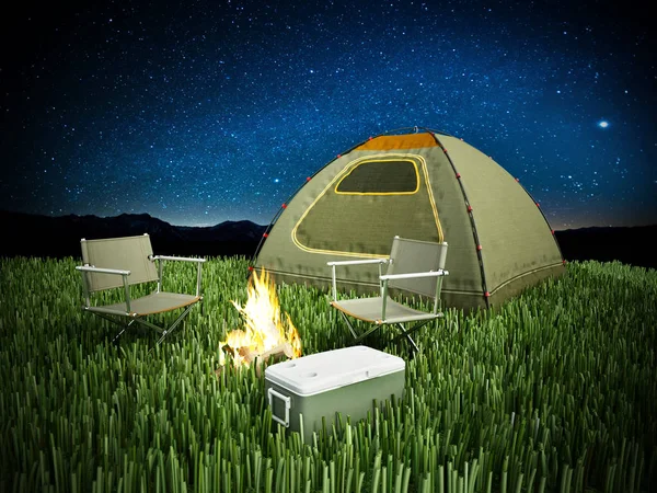 Tenda da campeggio, sedili, fuoco e refrigeratore sullo sfondo notturno. Illustrazione 3D — Foto Stock