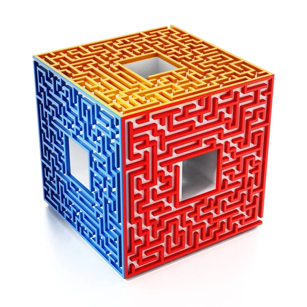 Cubo 3D con paredes laberínticas en los laterales. Ilustración 3D — Foto de Stock