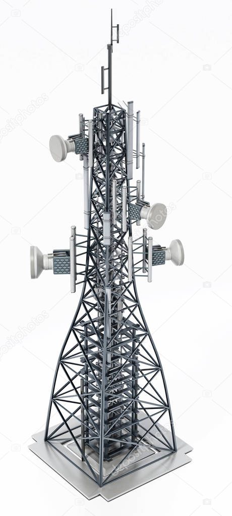 Steel telecommunications tower with satellite dishes. 3D illustration