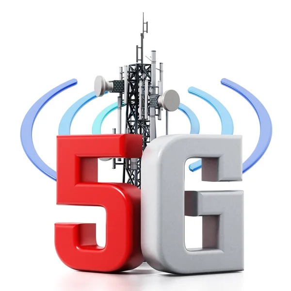 5 g 텍스트 및 통신 타워 물결 기호. 3 차원 일러스트 레이 션 — 스톡 사진