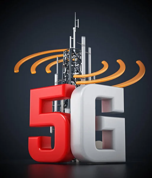 5g Text- und Telekommunikationsturm mit Wellensymbolen. 3D-Illustration — Stockfoto