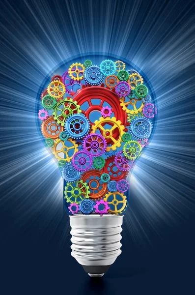 Multi colored gears in motion inside lightbulb. 3D illustration — Stock Photo, Image