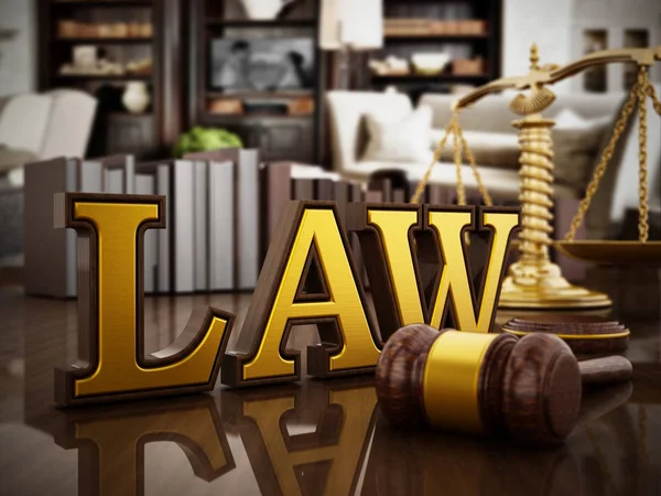 Palabra de ley, mazo y balanza balanceada sobre mesa de madera. Ilustración 3D —  Fotos de Stock