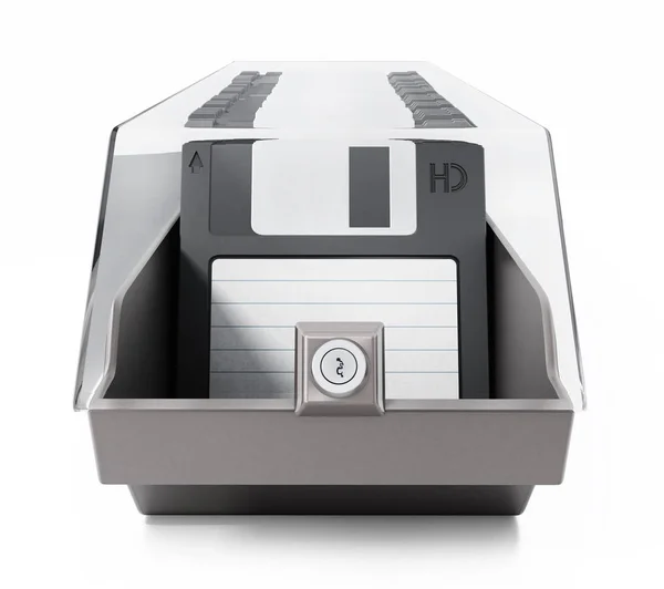 Vintage 3,5 inch diskettes gerangschikt in diskette doos. 3D illustratie — Stockfoto