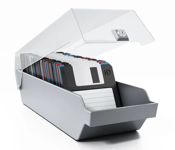 Vintage 3,5 inch diskettes gerangschikt in diskette doos. 3D illustratie — Stockfoto