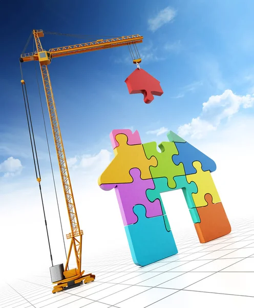 Construction crane carrying parts of jigsaw house. 3D illustration — Stock Photo, Image
