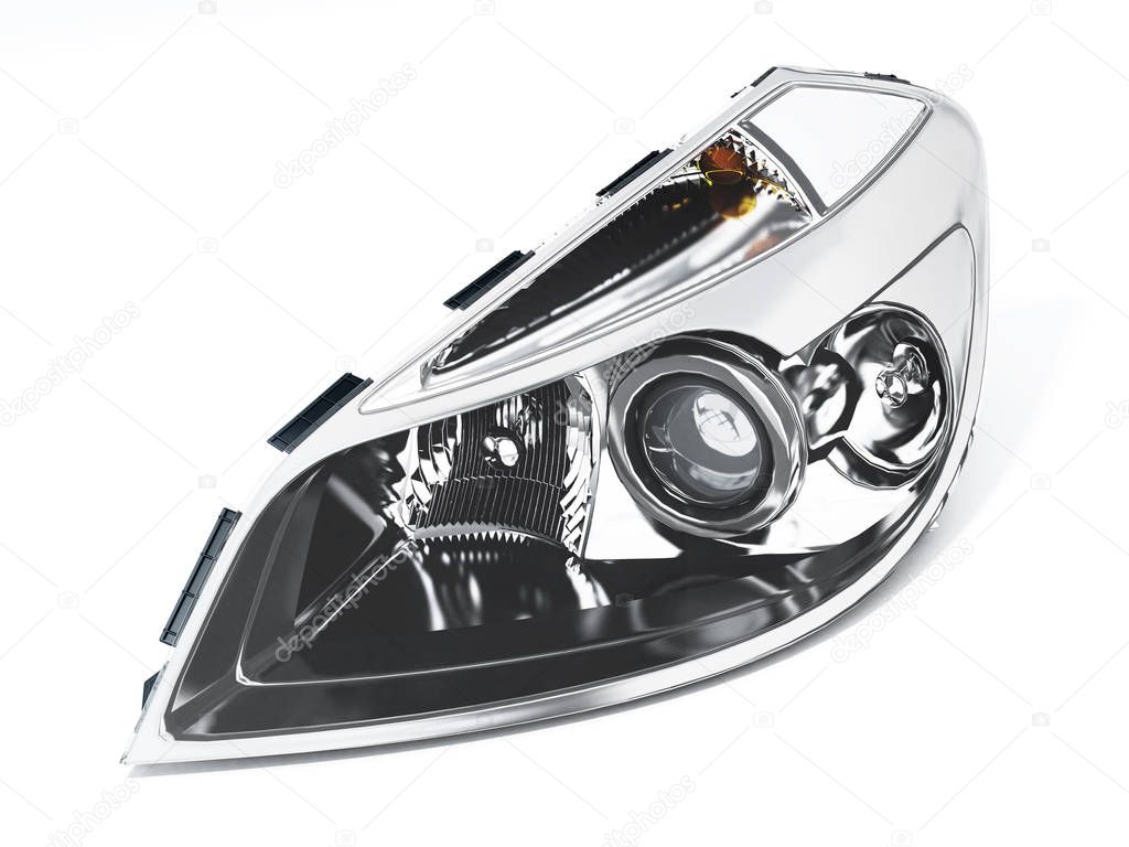 Left car headlight isolated on white background. 3D illustration