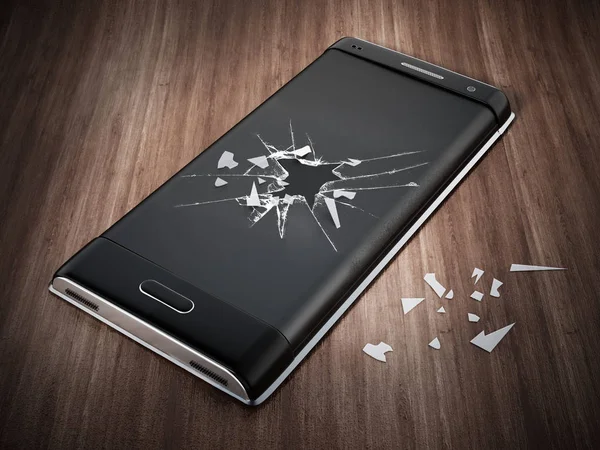 Smartphone med sprucken skärm på parkettgolv. 3D illustration — Stockfoto