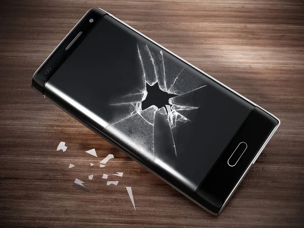 Smartphone with cracked screen standing on parquet floor. 3D illustration — Stock Photo, Image