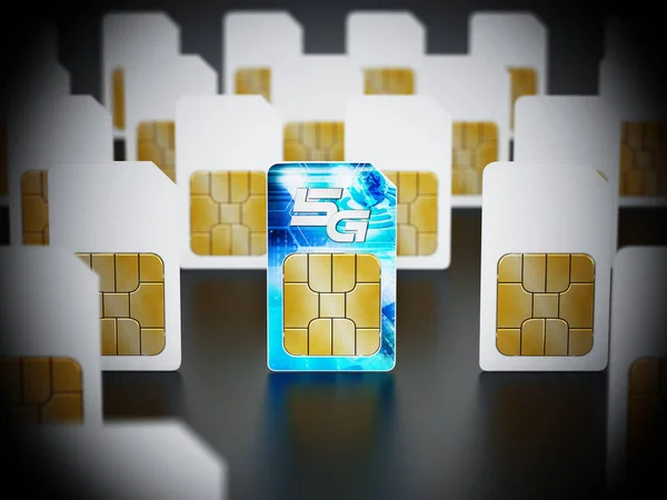 La tarjeta SIM 5G destaca entre las tarjetas SIM estándar. Ilustración 3D —  Fotos de Stock