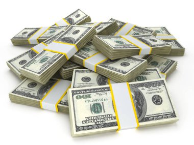 Beyaz arka planda izole edilmiş 100 dolarlık banknotlar yığını. 3B illüstrasyon