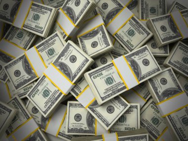 100 dolarlık yığını arka plan faturaları. 3D çizim