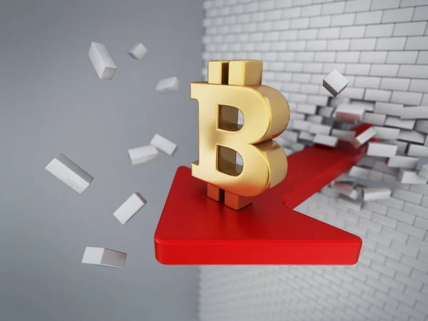 Bitcoin símbolo en la flecha destruyendo la pared. Ilustración 3D —  Fotos de Stock