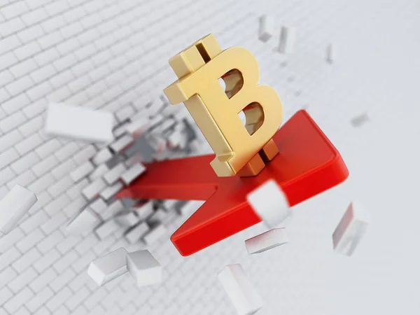 Bitcoin symbole sur la flèche détruisant le mur. Illustration 3D — Photo