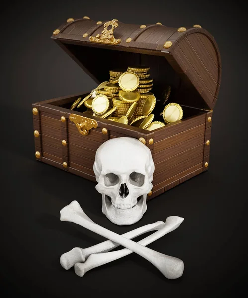Poitrine pleine d'or, crâne et os. Illustration 3D — Photo
