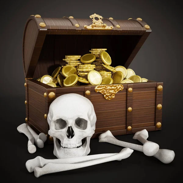 Poitrine pleine d'or, crâne et os. Illustration 3D — Photo
