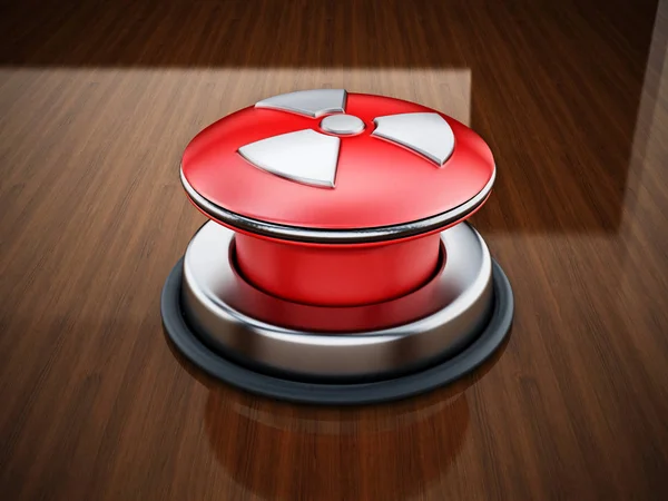 Tlačítko spuštění jaderné na reflexní dřevěný stůl... 3D obrázek — Stock fotografie
