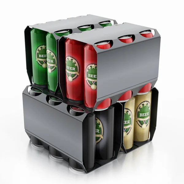 Μεταλλικά κουτιά μπύρας σε ένα πακέτο 6 pack. 3D απεικόνιση — Φωτογραφία Αρχείου