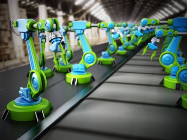 Bir fabrika içinde bir çizgide duran robot savaş silahları. 3D çizim