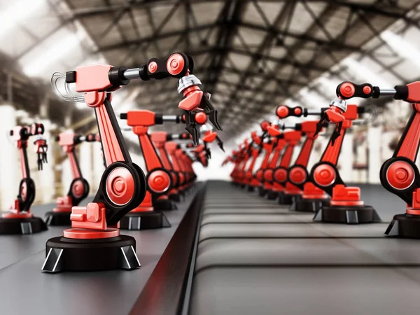 Robotika fegyver belsejében egy gyárban egy sorban állva. 3D-s illusztráció — Stock Fotó