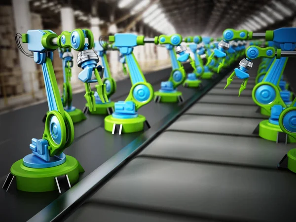 Braços robóticos em uma linha dentro de uma fábrica. Ilustração 3D — Fotografia de Stock