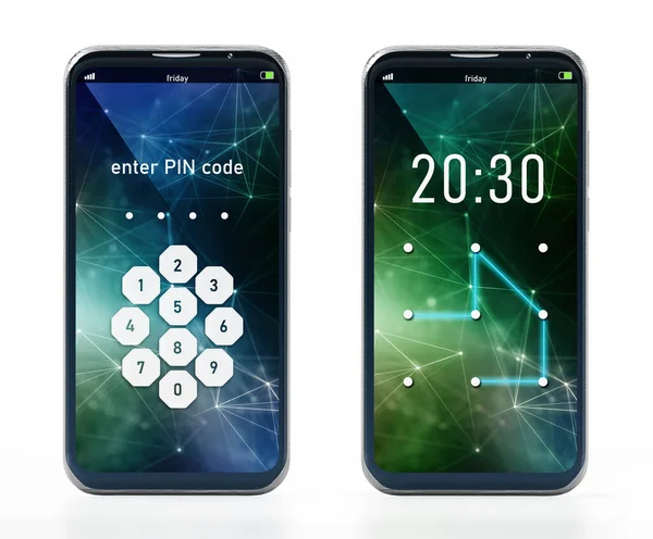 Smartphones con pines y pantallas de protección de patrones. Ilustración 3D —  Fotos de Stock