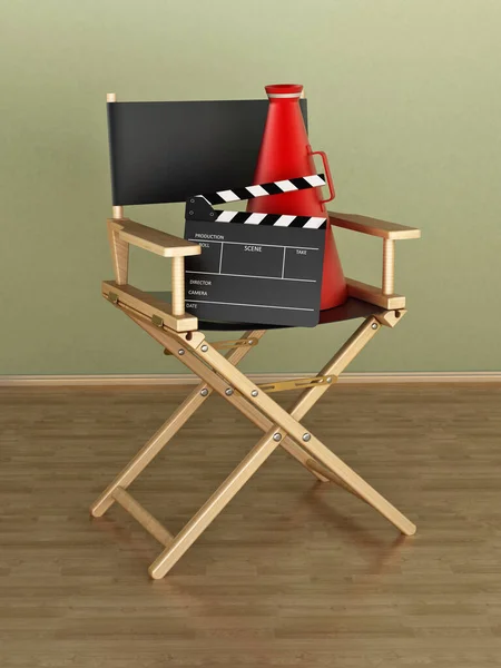 Klaps i megafon reżysera stojący na fotelu reżysera. Ilustracja 3D — Zdjęcie stockowe