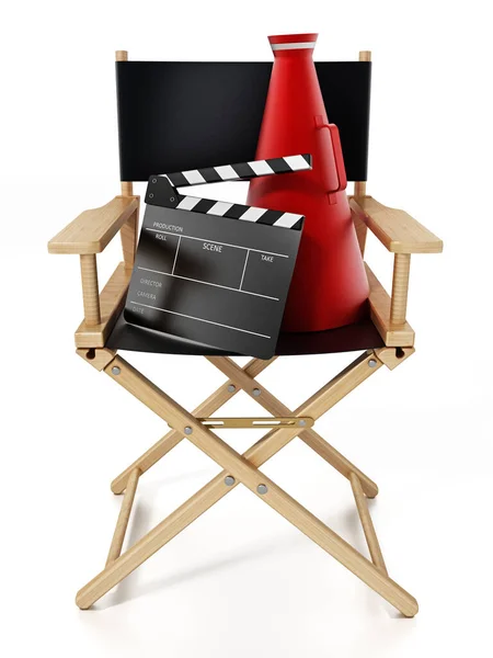 Clapboard och regissörens megafon står på regissörens stol. 3D-illustration — Stockfoto