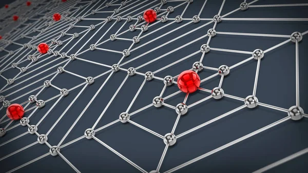 Rede de teia de aranha com esferas metálicas conectadas. Ilustração 3D — Fotografia de Stock