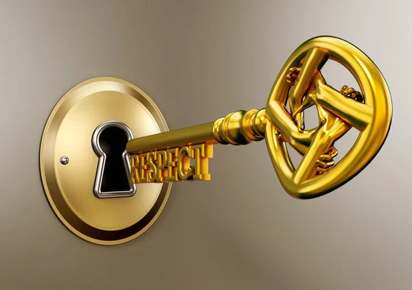 Respect key with holding hands entering keyhole. 3D illustration — Stock Photo, Image