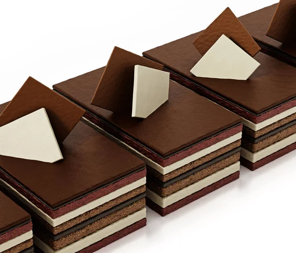Fatias de bolo de chocolate com várias camadas. Ilustração 3D — Fotografia de Stock