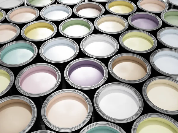 Latas de tinta cheias de cores pastel e macias. Ilustração 3D — Fotografia de Stock