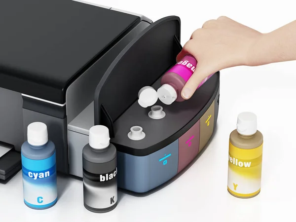 Hand holding ink bottle filling inkjet printer refillable ink tanks. 3D illustration — Stock Photo, Image