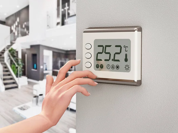 Hand justera rumstemperatur med hjälp av en digital termostatskärm. 3D-illustration — Stockfoto