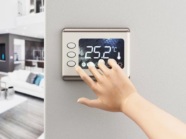 Hand adjusting room temperature using a digital thermostat screen. 3D illustration — Stock Photo, Image