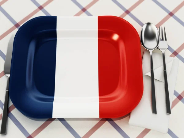 Conceito de cozinha francesa com bandeira francesa texturizada servindo prato. Ilustração 3D — Fotografia de Stock