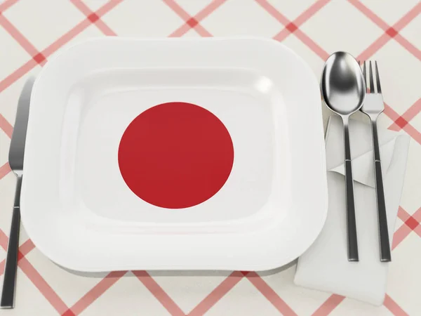 Concepto de cocina japonesa con plato de servir con textura bandera japonesa. Ilustración 3D — Foto de Stock