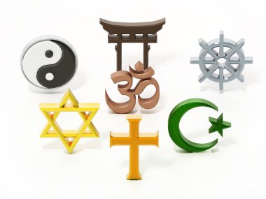Beyaz üzerine izole edilmiş ruhani ve dini semboller. 3d illüstrasyon