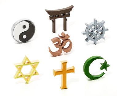 Spiritual and religious symbols isolated on white. 3D illustration clipart