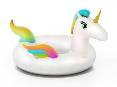 Beyaz arka planda izole edilmiş tek boynuzlu at şekilli çocuk şamandırası. 3d illüstrasyon