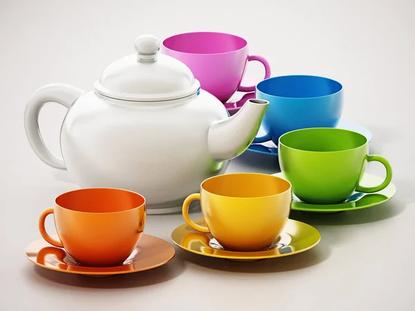 Set da tè colorato vibrante con ombre morbide. Illustrazione 3D — Foto Stock