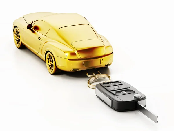 Klíč od auta připojen ke zlatému luxusnímu modelu auta. 3D ilustrace — Stock fotografie