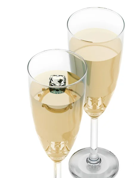 Champagneglass og giftering isolert på hvit bakgrunn. 3D-illustrasjon – stockfoto