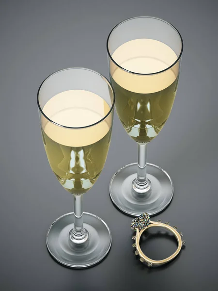 Copas de champán y anillos de boda aislados sobre fondo blanco. Ilustración 3D — Foto de Stock