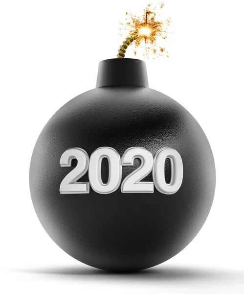 Текст 2020 года о бомбе с зажженным предохранителем. 3D иллюстрация — стоковое фото