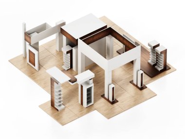 Genel ticaret fuarı standı beyaz arka planda izole edilmiş. 3d illüstrasyon