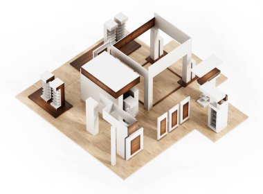 Genel ticaret fuarı standı beyaz arka planda izole edilmiş. 3d illüstrasyon