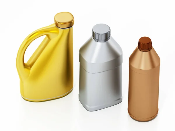 Botellas de fluidos para automóviles aisladas sobre fondo blanco. Ilustración 3D — Foto de Stock