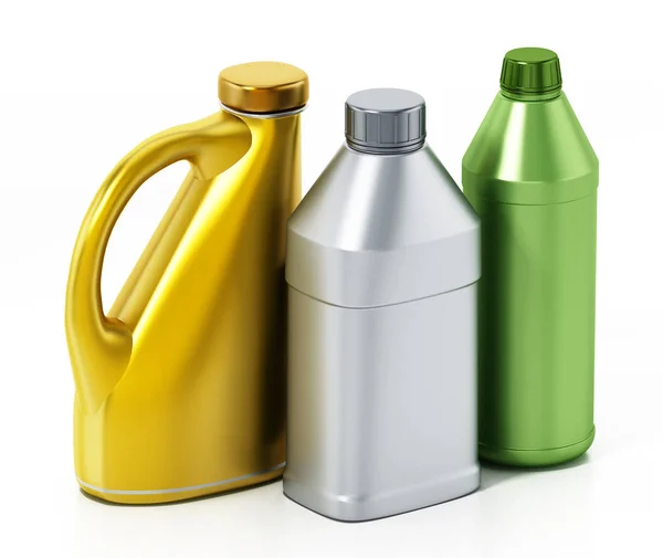 Flaschen mit Autoflüssigkeiten isoliert auf weißem Hintergrund. 3D-Illustration — Stockfoto