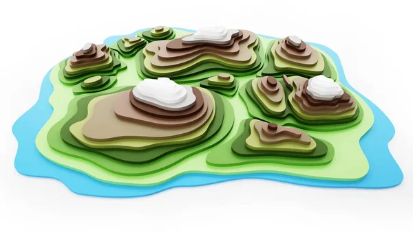 Colored topography map showing valleys and mountains. 3D illustration — Stock Photo, Image